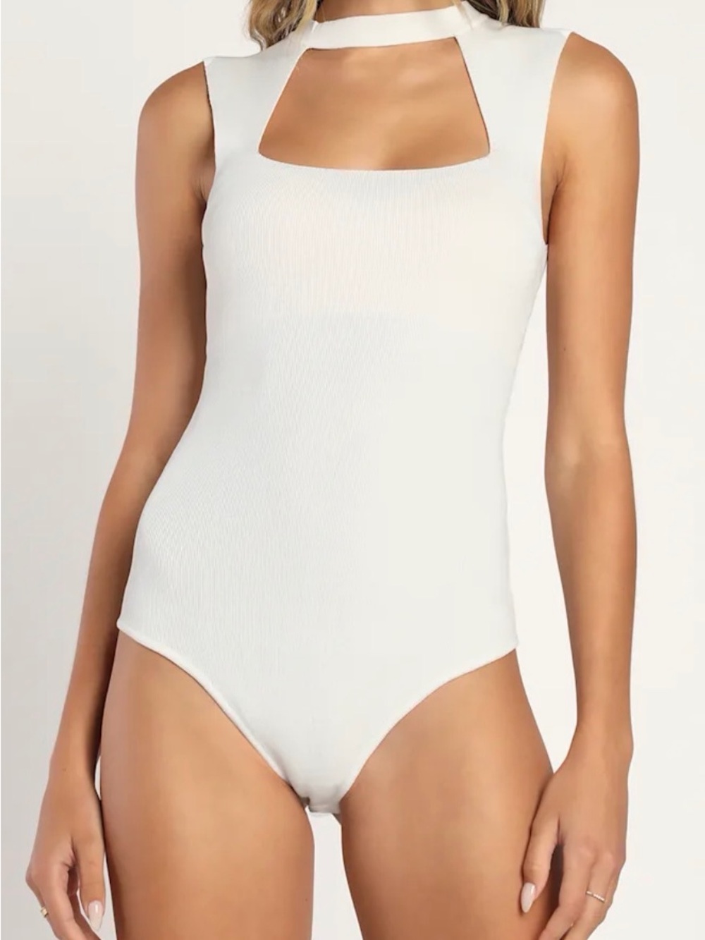NWT Lulus White Cutout Bodysuit M Mock Neck Sleeveless Ribbed Knit